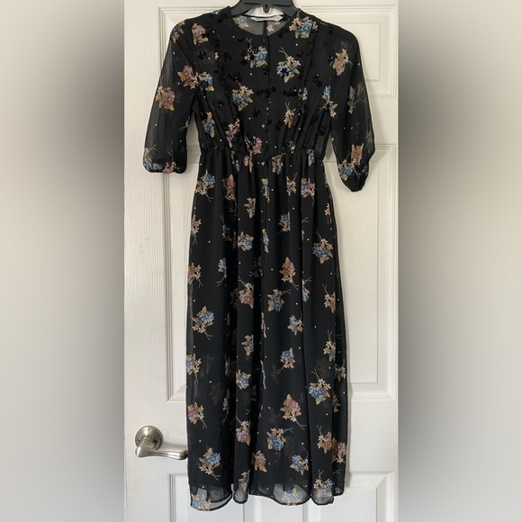 Zara Blogger Favorite Gothic Dark Floral Babydoll Long Sleeve MIDI Dress… - Picture 2 of 6